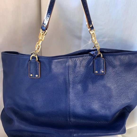 Tory Burch Blue Tote/Shoulder Bag Tumbled Gold Chain Logo Tassel - Picture 3 of 12